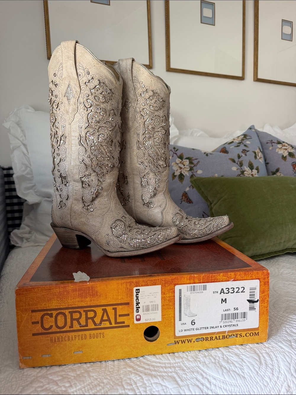 Corral Cream Embroidered Western Boots with Crystal Accents